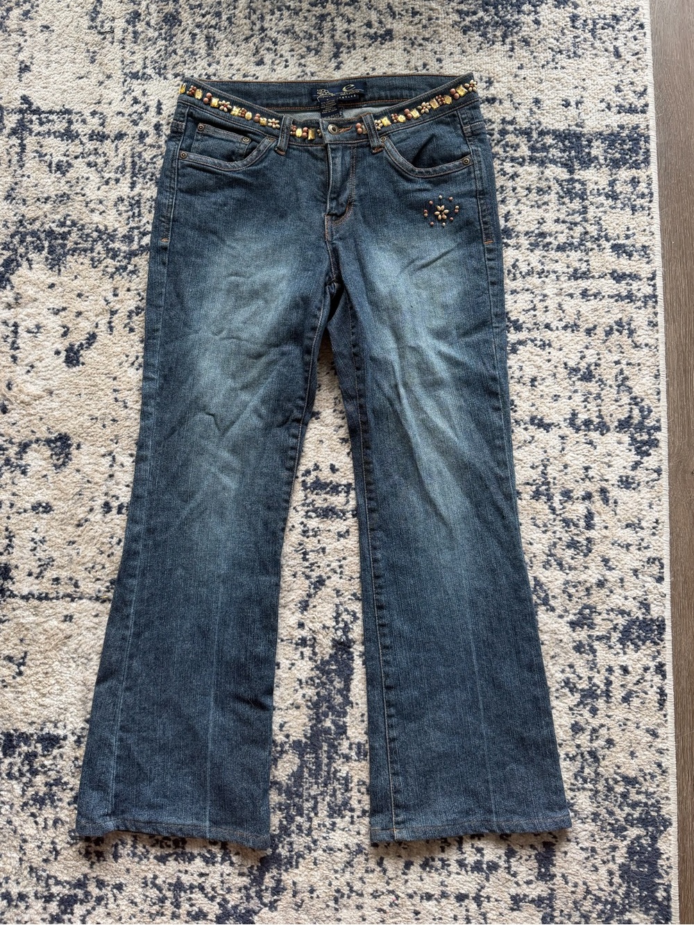 Y2K Dark Blue Flared Jeans with Beaded Waist